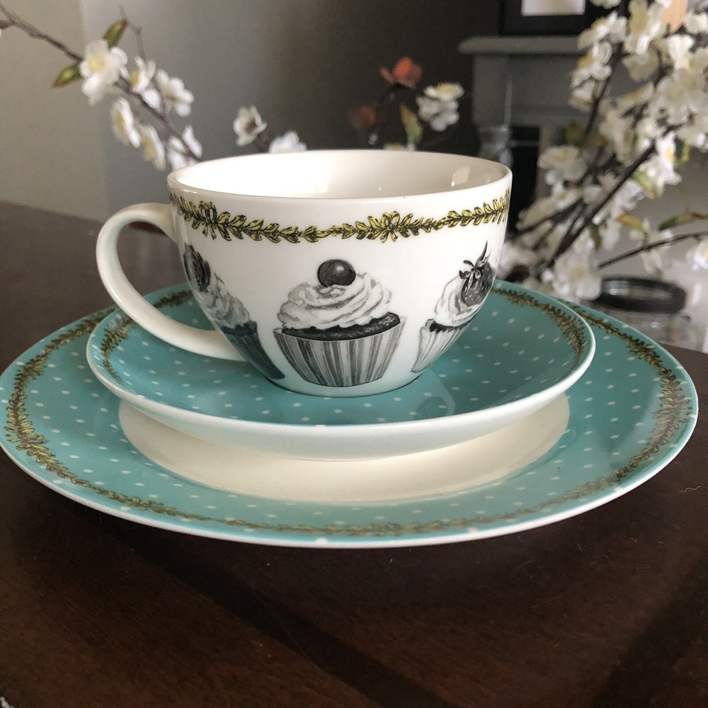 Katie Alice UK Porcelain Cupcake Couture Collection Cup Saucer Plate 3pc Set‎